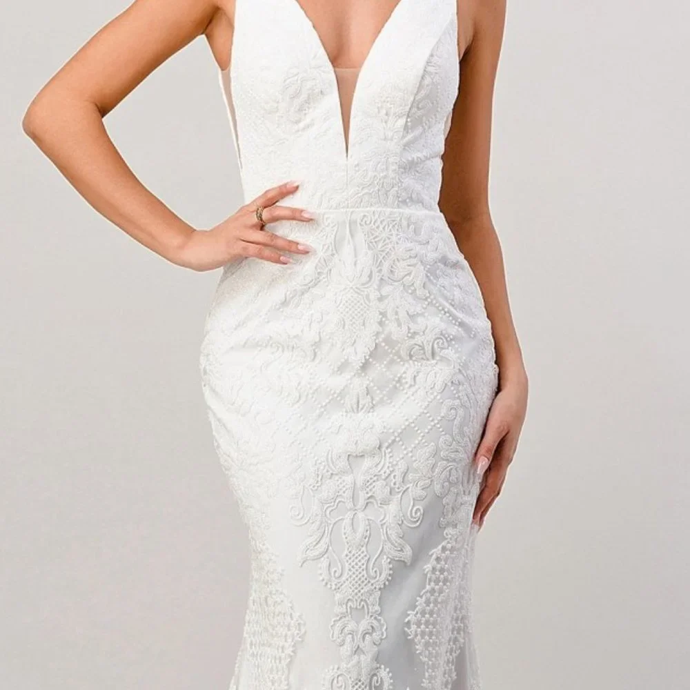 OFF WHITE BRIDAL FORMAL SEHATH FITTED LACE WEDDING FORMLA LONG MAXI DRESS CD815